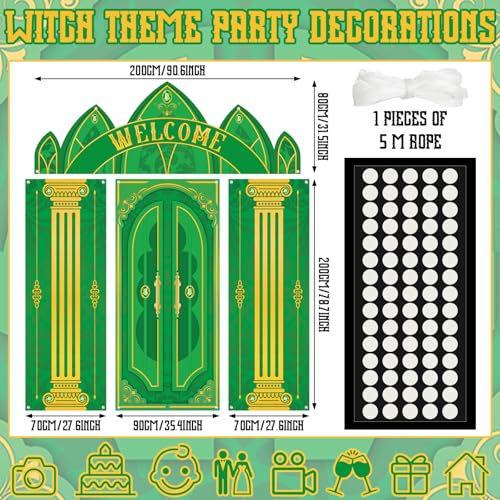 Image of VitalCozy 4 Pcs Green Castle Door Cover 6.5 x 3 ft Green Castle Backdrop Fairytale Backdrop Wonderland Hanging Banner Porch Sign for Home Bar Backyard Decorations Halloween Cosplay Party Supplies