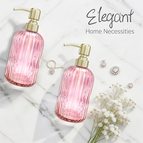 Image of 16 OZ Pink Glass Soap Dispenser,Clear Pink Stripe Bathroom Hand Soap Dispensers with Stainless Steel Gold Pump, Pink Kitchen Hand Soap Dispenser with Brushed Gold Pump