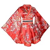 Women's Short Kimono Dress Floral Prints Japanese Geisha Costume Yukata Robe with OBI Belt (Red)