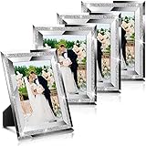 4 Pcs 5 x 7 Picture Frames Glass Sparkly Mirrored Photo Frames Glitter Crystal Silver Photo Frames for Tabletop Display Wedding Frames for Home Family Party Vertically or Horizontally (Glitter Style)