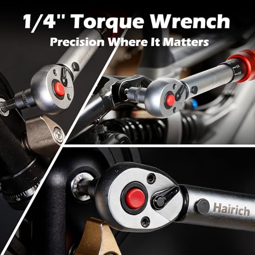 Hairich Drehmomentschlüssel Fahrrad 1/4 Zoll 1–25 Nm, ±3% Genauigkeit, 72-Zähne Ratsche, 33-teiliges Torque Wrench Set mit Verlängerung, 1/4\- 3/8\ Adapter & Kardangelenk, für Fahrrad & Motorrad