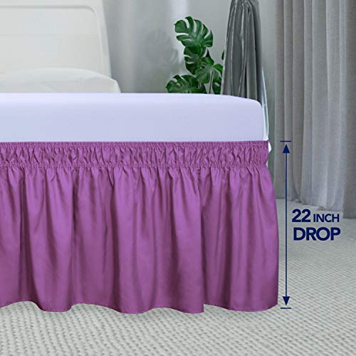 PureFit Wrap Around Ruffled Bed Skirt with Adjustable Elastic Belt - 22 Inch Drop Easy to Put On, Wrinkle Free Bedskirt Dust Ruffles, Bed Frame Cover for Twin,Twin XL and Full Size Beds, Purple