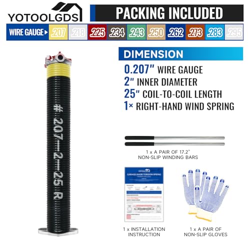 YoToolGDS Right Hand Wind(Red Cone)2" Garage Door Torsion Spring with Non-Slip Winding Bars & Gloves, High Precision Electrophoresis Black Coated, for Replacement, MIN 16,000 Cycles (0.207x2''x25'') by YOTOOLGDS - Used condition - Image 2