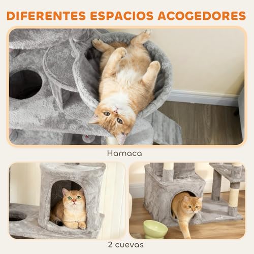 PawHut Árbol Rascador para Gatos Grande, Árbol para Gatos, Altura 170 cm, Torre de Escalada con 7 Postes, 1 Túnel, 3 Plataformas, 2 Cuevas, 1 Hamaca, 1 Percha, 1 Rampa, Pompones, Gris Claro - imagen 6