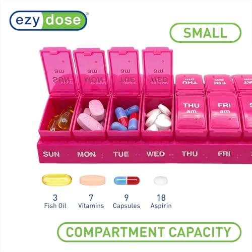 Image of EZY DOSE Weekly, AM /PM Daily Pill Organizer, 7-Day Medicine Planner, Vitamin Container, Small Pop-Out Compartments, 2 Times a Day Pill Holder, Pink, Travel-Friendly, BPA Free