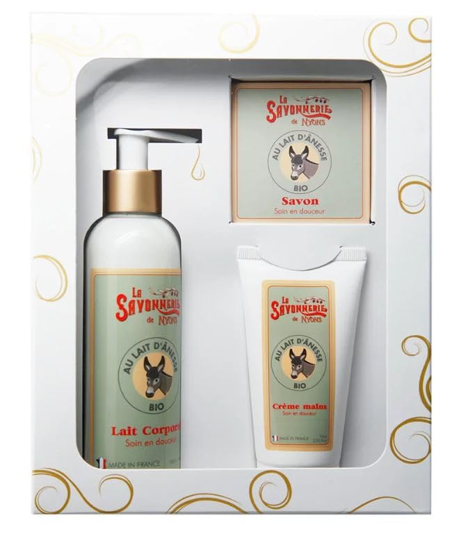 Coffret au Lait d’Ânesse BIO : savon solide de 100g, un lait corporel de 200mL et une crème mains de 75mL