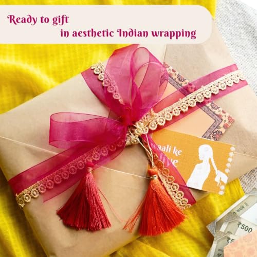 Image of Rakhi Gift Set for sisters- 5-in-1 Guided Journal Diary, Indian Lace Gift Packaging, Money Envelope & Personal Message Bookmark Card for sisters