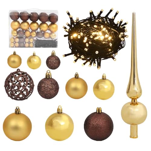 Benicabaly 61-Piece Christmas Ball Set for Heartwarming Holiday Decor, 8 Lighting Modes, Shatterproof and USB-Powered, Gold and Bronze