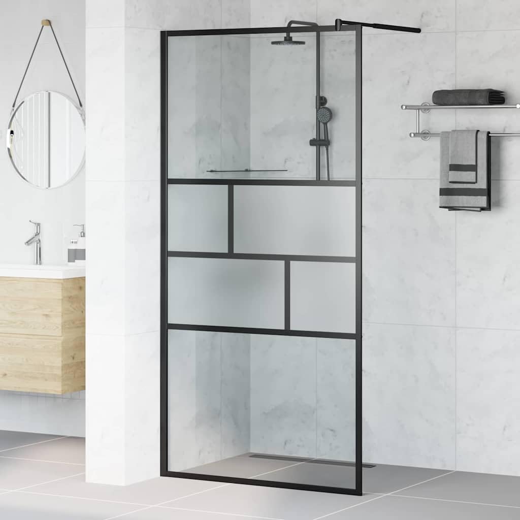 Ścianka prysznicowa Walk-in czarna ze szkła i aluminium 100 x 195 x 0,5 cm, satynowana szklana ścianka z przezroczystą górną i dolną, bez barier, do nowoczesnego prysznica i renowacji