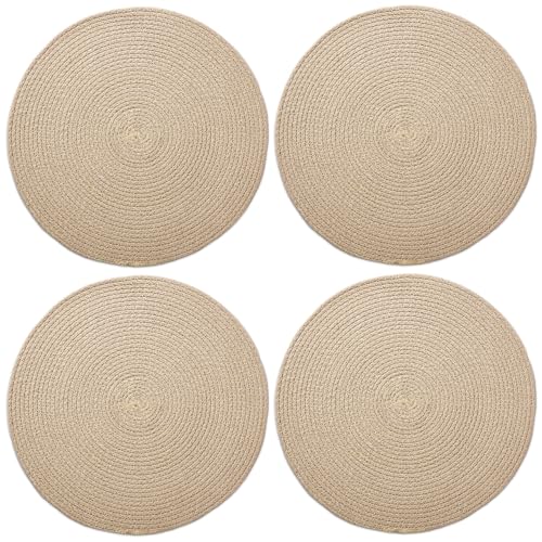 Image of Dining Table Mats Set of 4 | Cotton Table Mat 32 cm Diameter, Encasa XO Washable Round Table Mats, Heat Resistance Dining Table Placemats, Handmade Ribbed Style for Centre Table, Beige