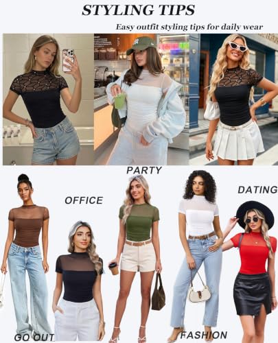 Image of Avidlove Women's Short Sleeve Bodysuit Turtle Neck Body Suits Mesh One Piece Leotard Going Out Tops Date Outfits