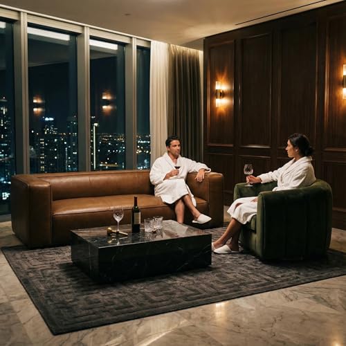 Image of 2026 New Luxury Italian-Style Leather Sofa and Swivel Chair Set, 92.5 inch | 2026 New Luxury Italian-Style Leather Sofa and Swivel Chair Set, Tan Leather Sofa with Green Velvet Swivel Chair