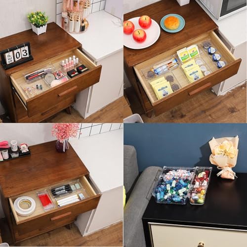 Image of Clear Plastic Drawer Organizers Set, 4 different size Versatile Bathroom and Vanity Drawer Organizer Trays, Storage Bins for Makeup, Bedroom, Kitchen Gadgets Utensils and Office (4 PC SET NEW)