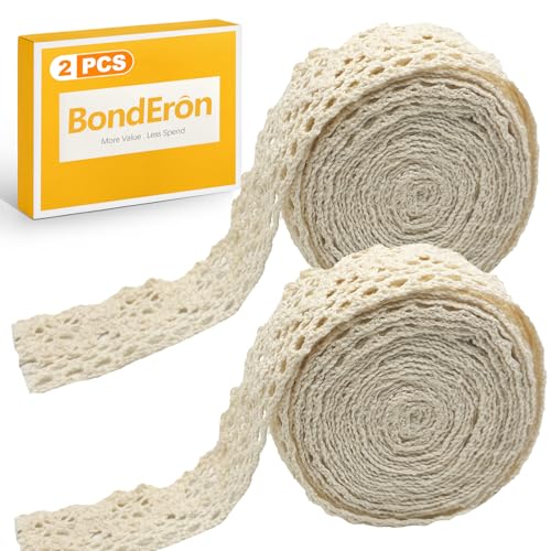 BondEron 4 m (2 rouleaux x 2 m) de ruban de dentelle autocollant - Beige vintage - 2 cm de large - Ruban décoratif pour mariage, bricolage, scrapbooking