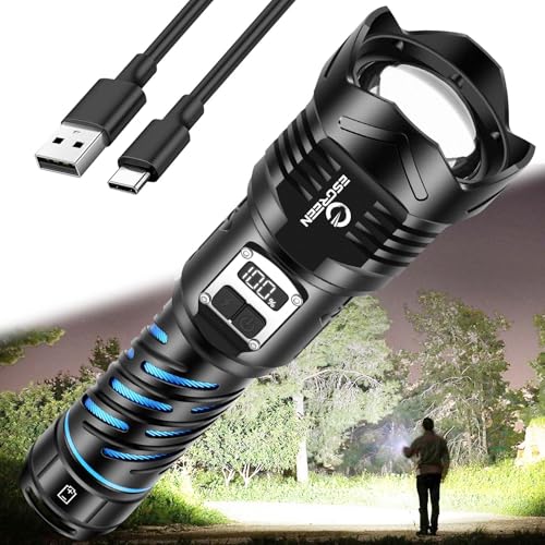 Image of Super Bright Flashlight High Lumens 100000 Rechargeable, Strong 50W LED, Big 8.54 inch Length, Adjustable 5-Mode, Dual Buttons, Long Lasting 15H, Quick USB C Charge, LCD Display & Output, for Hiking Home