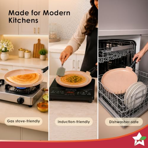 Image of Wonderchef Vitalife Non-Stick Dosa Tawa for Kitchen, 28cm, Non-Toxic Coating, PFOA-Free, Cool-Touch Handles, Scratch-Resistant, Gas & Induction Compatible, 2-Yr Warranty, Terracotta