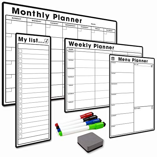 The Magnet Shop Wekelijkse plannerbundel # 1-4 x droogwisbare magnetische whiteboardplanners - A4 weekplanner, A4 menuplanner, S3 My List, A3 maandelijkse kalender, 4 droogwispennen + gum (wit, bundel 1)