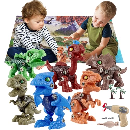 Gleamkid Juguete de Dinosaurio de 6 Piezas ensambladas para niños y niñas de 3 a 8 años, Desmontable para niños con Taladro eléctrico, Juguete de construcción Educativo Stem