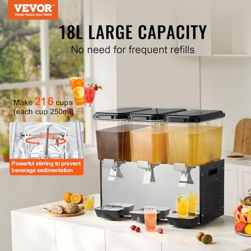 VEVOR Commercial Beverage Dispenser, 3 Tanks 18 L / 19 QT Per Tank Juice Dispenser, 512W Stainless Steel Ice Tea Drink Machine with 45°F-54°F Cooling Temperature, for Cold Drink Restaurant Bar Party