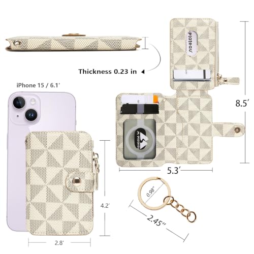 Image of M-Plateau RFID Blocking Slim Card Holder with Key Ring for Women | PU Leather Keychain Wallet with ID Window & Zipper Pocket, Credit Card Case for Daily Carry (Off White)