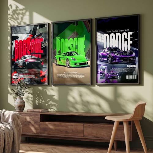 Image of HOTHOUSE Big Porsche 911 GT3, Porsche Carrera GT, Dodge Viper Cars Framed Posters Gift Items for Boys Room Wall Decoration Bedroom Living Room Office Studio Decor | Set Of 3 Size (13 X 17 inch)