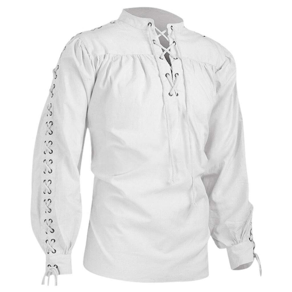 Pirate Shirt Oktoberfest Costume Men Hat Henley Men's Medieval Cotton Long Sleeve Shirt, Retro Lace-Up Top Vintage for Renaissance Viking Knight Mens Cowboy Goth A-White 3XL
