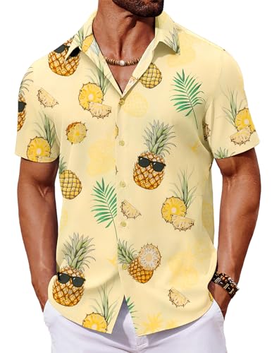 COOFANDY Hawaii Hemd Herren Sommerhemd Leichtes Button Down Hawaiihemd Ananas Hemd Regular Fit Hawaii Outfit Ananas Gelb L