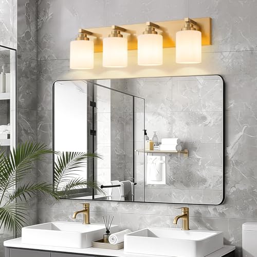 Image of Vanity Lights for Bathroom, 4-Light Brushed Gold Bathroom Vanity Light Over Mirror with Milky White Glass Shades, Modern Bathroom Light Fixtures for Living Room Hallway Cabinet (Bulbs Not Included)