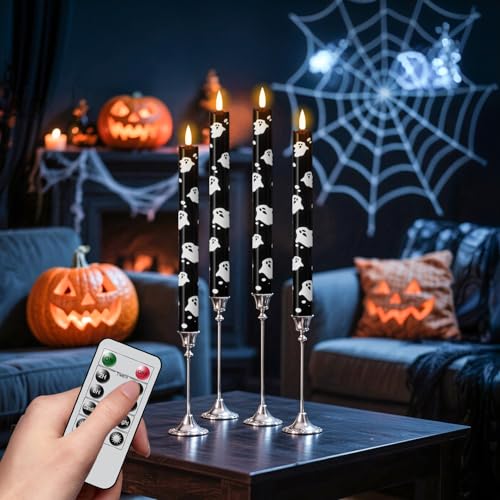 Image of Eldnacele Halloween Ghost Flameless Taper Candles Battery Operated with Remote Timer, Set of 4 Black Real Wax 3D Wick LED Flickering Candle Spooky Halloween Indoor Decor(0.78 inch D x 9.64 inch H)