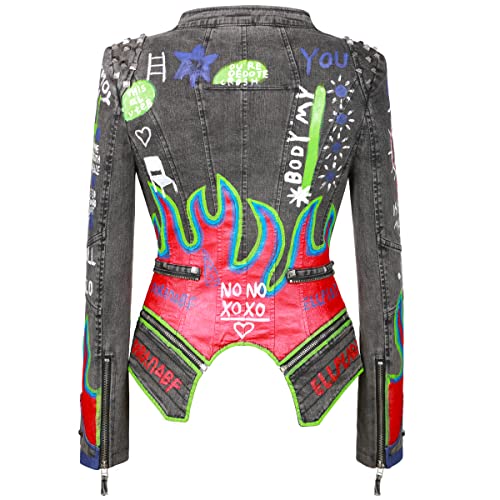 Fashion SX Women's hand-painted pattern fashion studs perfect shaping bicycle jacket motorcycle denim zipper jacket4
