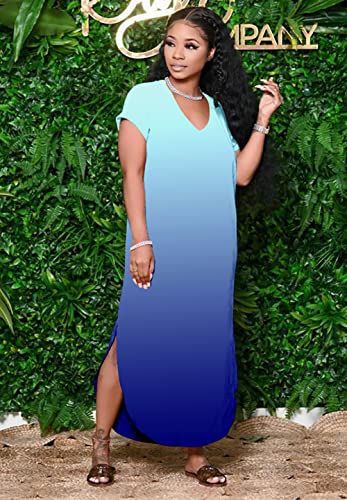 Image of Women Summer V Neck Loose Side Split Maxi Dresses with Pocket