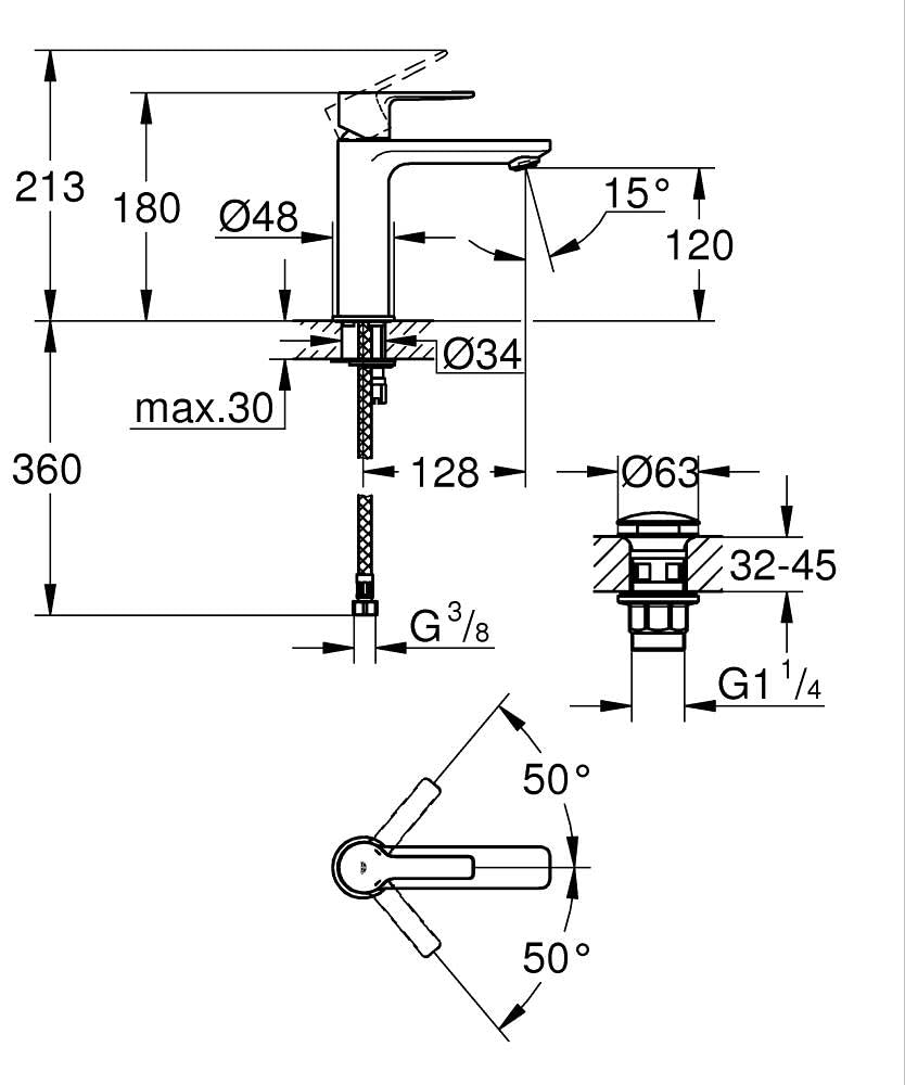 GROHE Lineare – Grifo Monomando de Lavabo de Cuerpo Liso con Vaciado Push-Open (Caño Alto, Cartucho Cerámico 28 mm, Ahorro de Agua, Flexibles 3/8"), Tamaño 18 cm, Negro Mate, 231062431