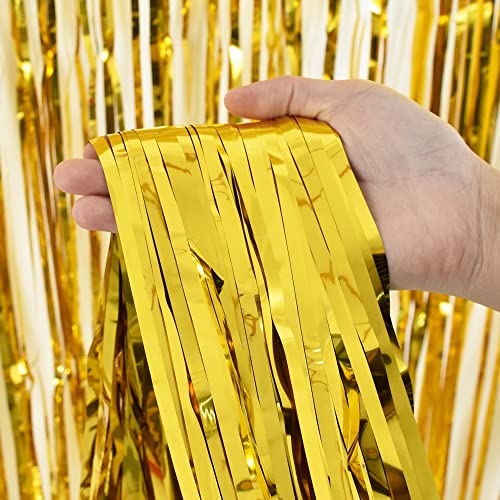 Image of TONIFUL 2Pcs Gold Metallic Tinsel Foil Fringe Curtains,Gold Photo Booth Backdrop Streamer Curtain Photo Booth Props for Bachelorette Party,Birthday,Graduation,Christmas Decor(6.6ft x 9.9ft)