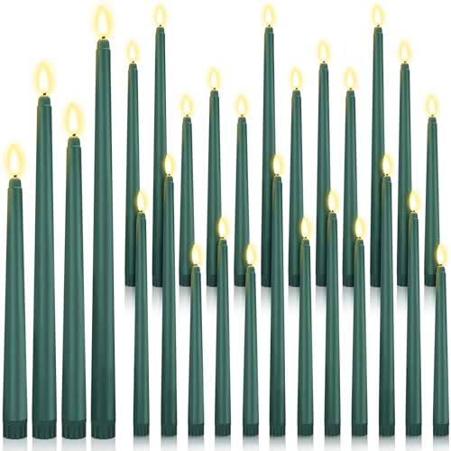 Image of Rossesay 24 Pcs Flameless LED Taper Candles Battery Operated Candle 8.5 inch, 9.65 inch, 10.8 inch, 12.8 inch Flameless Candlesticks Flickering for Christmas Church Wedding Indoor Decoration(Classic, Green)