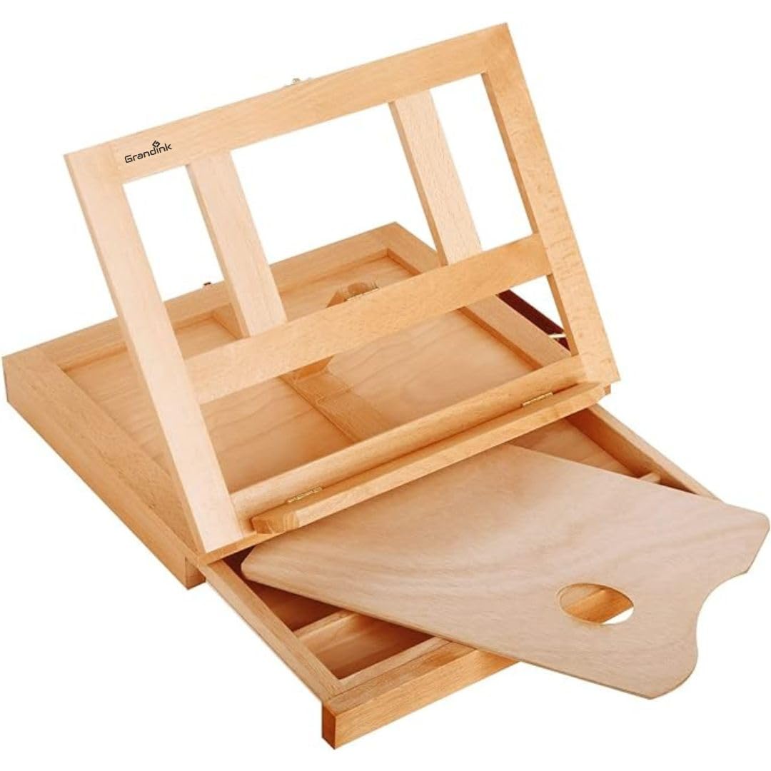 Grandink Large Adjustable One Drawer Storage Box Easel, Premium Beechwood Tabletop Sketchbox Easel, Portable Wood Artist Desktop with Book Stand