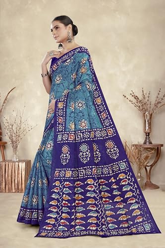 Tamaira Fashion Women's Batik Printed Pure Cotton Mulmul Saree Without Blouse Piece(Ab47_Tealblue)
