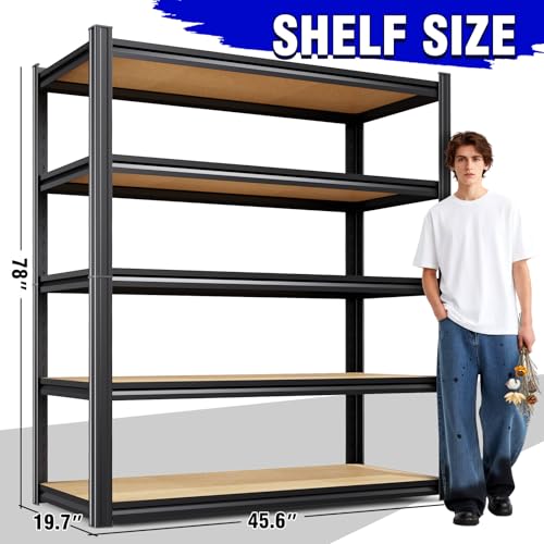 Image of 78 inchH Garage Shelving 2050 lbs Heavy Duty 5-Tier Storage Shelves, 46 inchW x 20 inchD Extra Large Metal Shelving Unit, Adjustable Utility Steel Rack for Industrial Warehouse, Shop, Pantry, Basement, Black