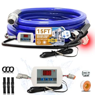 Cupohus Heated Water Hose for RV 15FT - Adjustable Thermostat w/Real-Time Monitor & Removable Controller, -45? Freeze Protection for Winter Camping Travel, RV Owners & Outdoor Enthusiasts