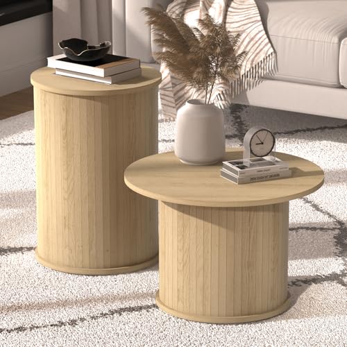 VERTOXIA Set of 2 Round Wood Coffee Table Set for Living Room, Fluted Circle Nesting Coffee Tables for Apartment, Small Spaces, Bedroom, Modern Style, Easy Assembly & Maintenance, Oslo Oak