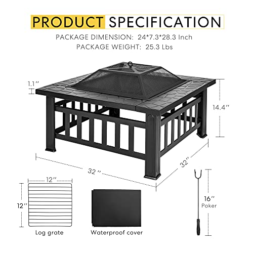 Vivohome 32 Inch Heavy Duty 3 In 1 Metal Square Patio Firepit Table Bbq Garden Stove With Spark Screen Cover Log Grate And Poker For Outside Wood Burning And Drink Cooling #TOP6