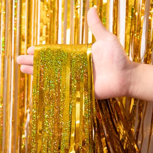 Image of Voircoloria 2 Pack Laser Gold Foil Fringe Backdrop Curtains, Tinsel Streamers Birthday Party Decorations, Fringe Backdrop for Graduation, Baby Shower, Gender Reveal, Disco Party