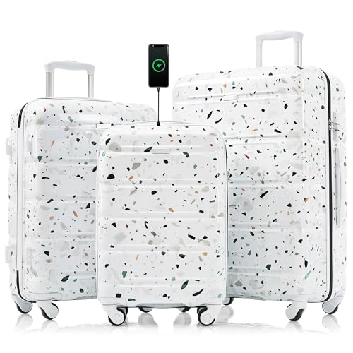 Luggage Sets-3 Piece Set, 28-Inch Large Luggage with USB Port Spinner Wheels - Hardshell Carry-On Suitcase - TSA, ABS+PC Hard Shell Luggage for Back to School, Travel (White)