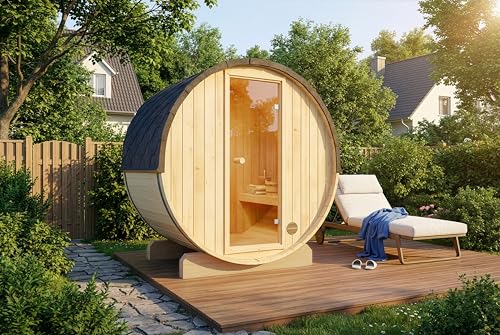 FinnTherm Sauna de jardin Mini XXS en tonneau 194 x 130 x 194 cm, sauna d'extérieur avec paroi de 42 mm d'épaisseur, matériel de montage, porte en verre de...