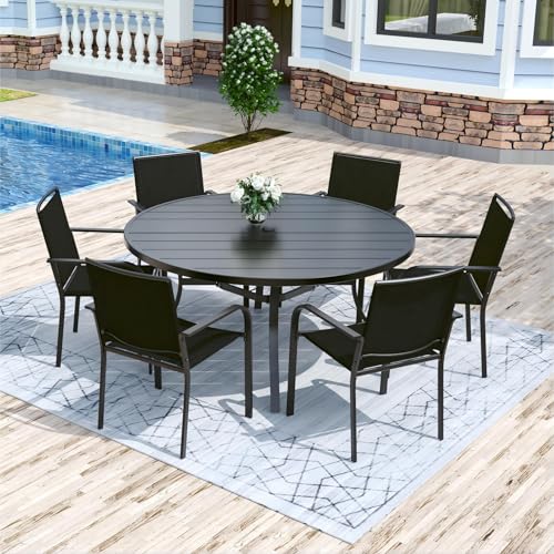 Image of Anmutig 7 Piece Patio Dining Set 54 Inch Round Table Stackable Chairs Black | Powder-Coated Steel Frame, Quick-Dry Textilene Mesh, Dual-Size Umbrella Hole, Weather Resistant, Patio, Garden, Backyard