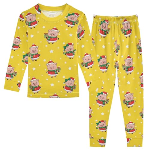 Pajama Sets Long Sleeve Christmas Pig Pattern on Yellow Soft Comfy Sleepwear 2 Piece PJS 3-8T