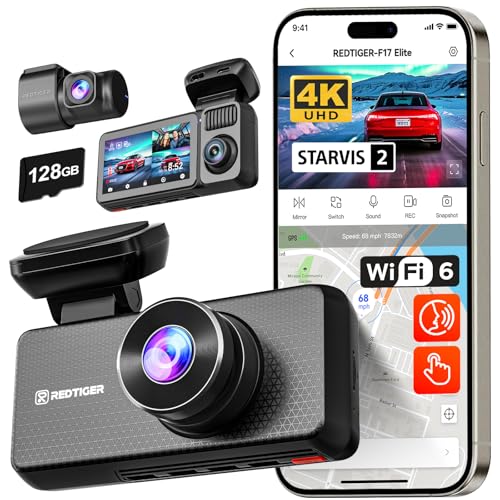 REDTIGER F17 Elite 4K Dash Cam 3 Channel, STARVIS 2 IMX678 & IMX675, 4K+2.5K+1080P Front and Rear Inside Car Camera for Cars, 128GB Card, Full Color Night Vision, 5.8GHz WiFi GPS, HDR, Touch