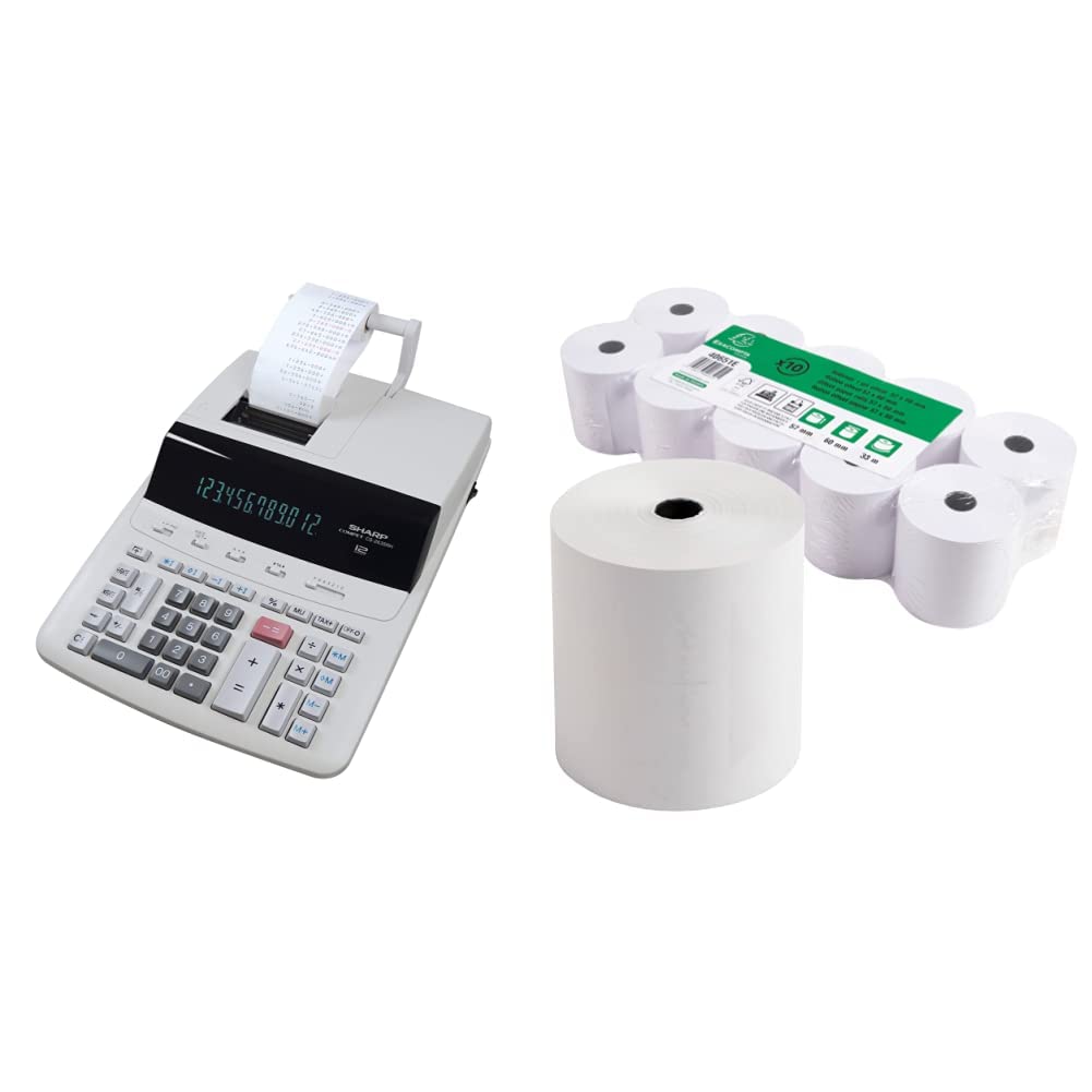 Sharp Druckender Tischrechner CS-2635RHGYSE (großes 12-stelliges Display & Exacompta 40651E 10er Pack Kassenrollen: 57mm, Länge 30m DurchmesserKern 12mm, 60g/m² extra-weiß
