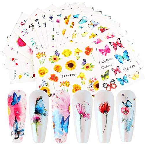 Butterfly Nail Art Stickers Water Transfer Nail Decals Flowers Butterfly Designs Nails Supply DIY Manicure Tips Design Nail Decoration Set Butterflies Nails Art Accessories (12 Sheets)