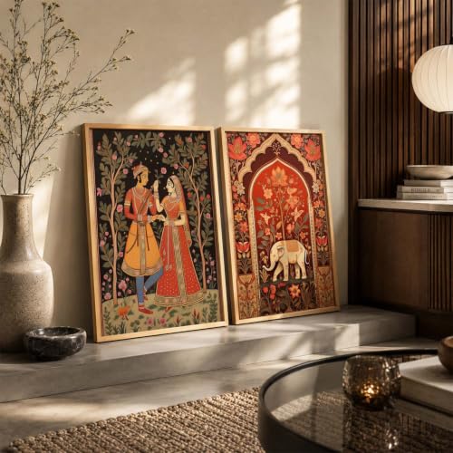 Image of kotart Traditional Indian Wall Art Painting Set of 2 | Rajasthani Folk Couple & Elephant Floral Design | MDF Wooden Framed Wall Decor for Living Room, Bedroom & Home (Art 1, 25x37 Inch)