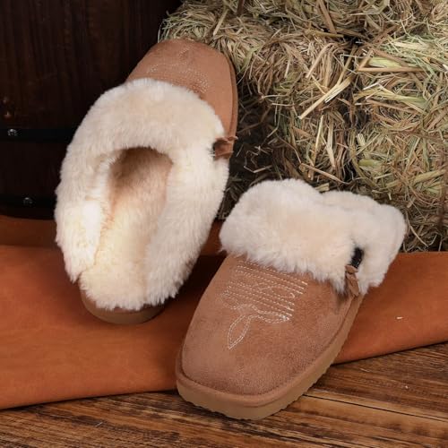 OOW Western Fluffy Slippers for Women with Memory Foam Comfy Houes Cowgirl Boot Slippers for Bedroom Indoor Square Toe4